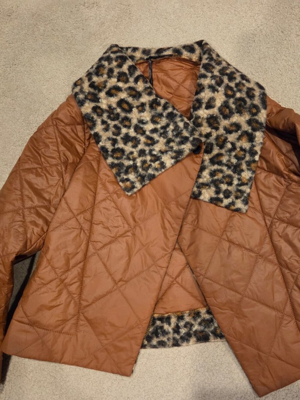Fox's NWT Brown Puffer Asymmetrical Jacket Leopard Print Shawl Collar L/XL